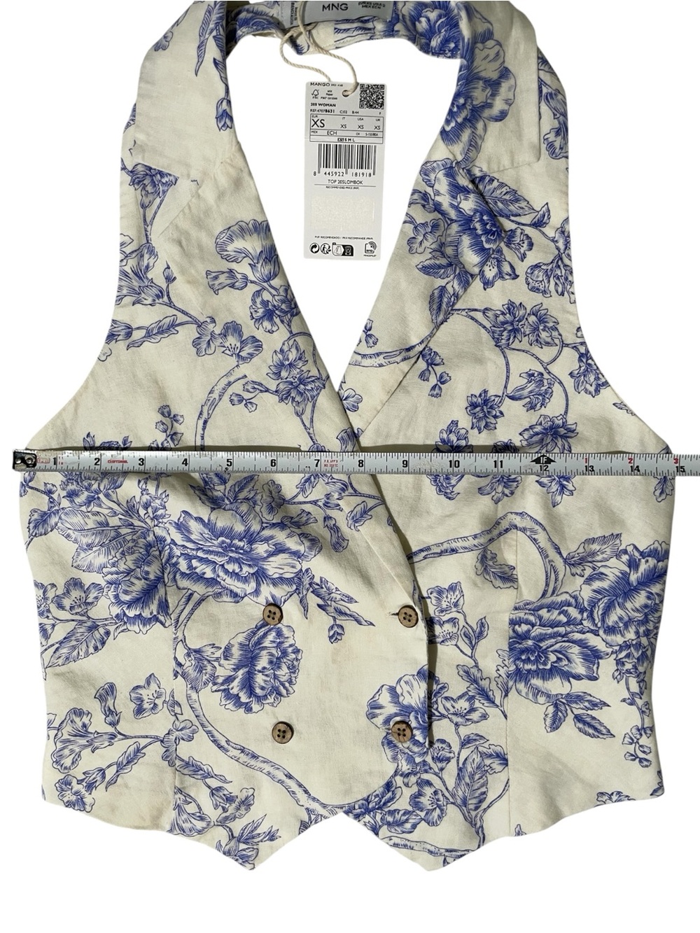 MANGO Floral Toile de Jouy Blue & Ivory Halter Tailored Waistcoat Vest XS - Picture 11 of 12